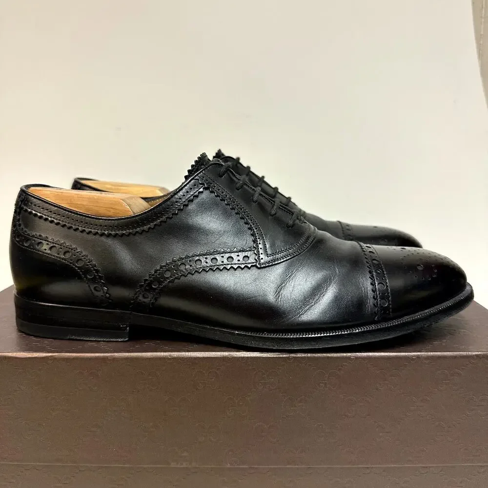 EUC Gucci Oxford Brogue Round Cap Toe 312279 Betis Glamour Nero UK 8.5 US 9 D